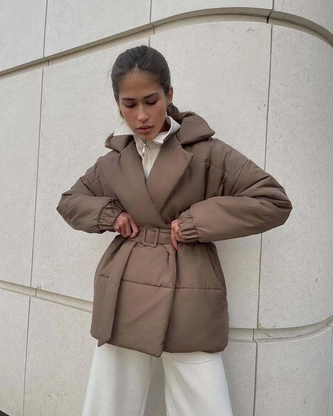 Kacob | Women's Belted Wrap Puffer Jacket – Wide Collar Padded Winter Jacket