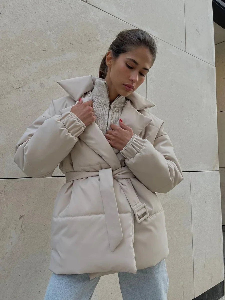 Kacob | Women's Belted Wrap Puffer Jacket – Wide Collar Padded Winter Jacket