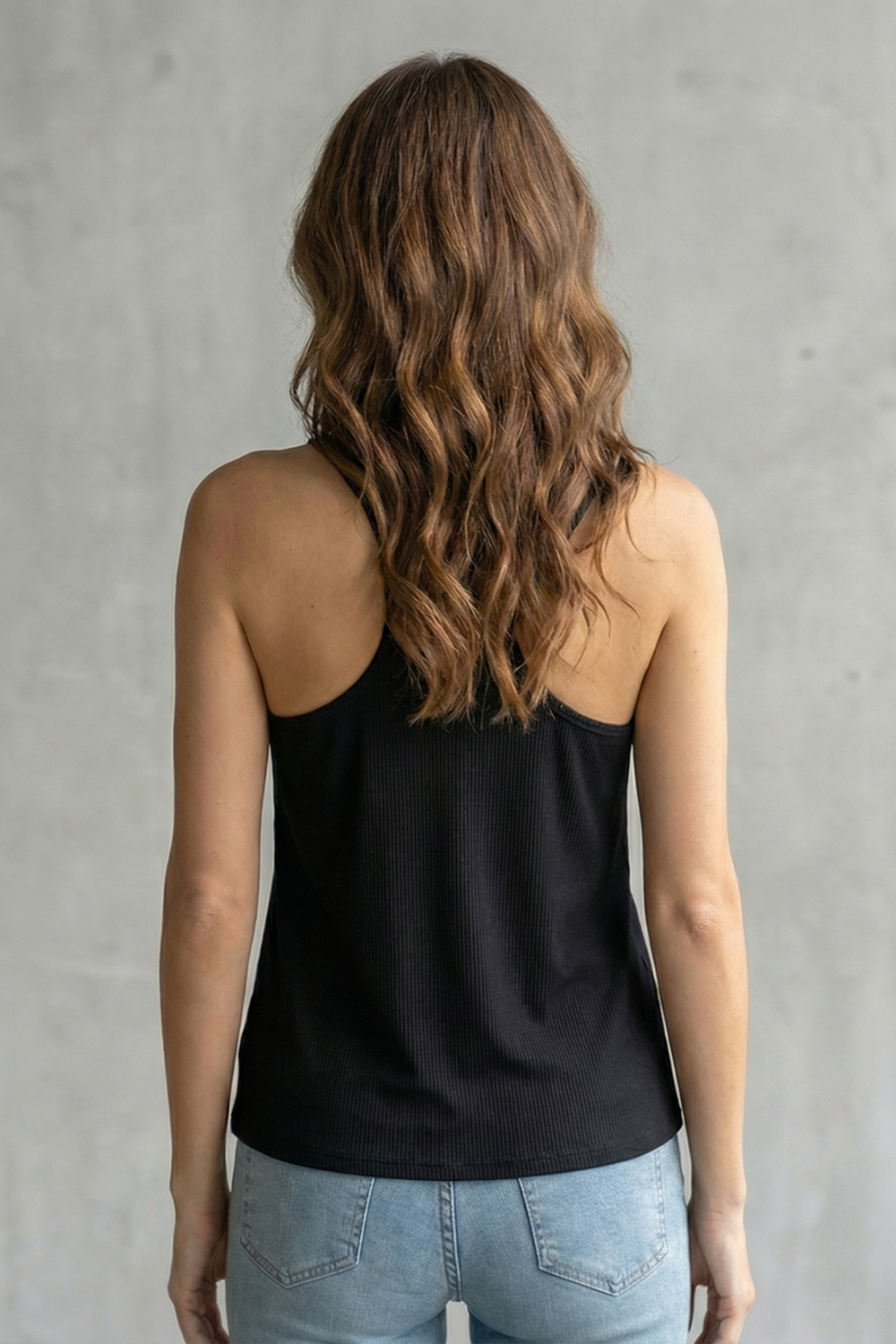 Women's Black Camisole Top – Sheer Neckline Ribbed Strappy Cami Top