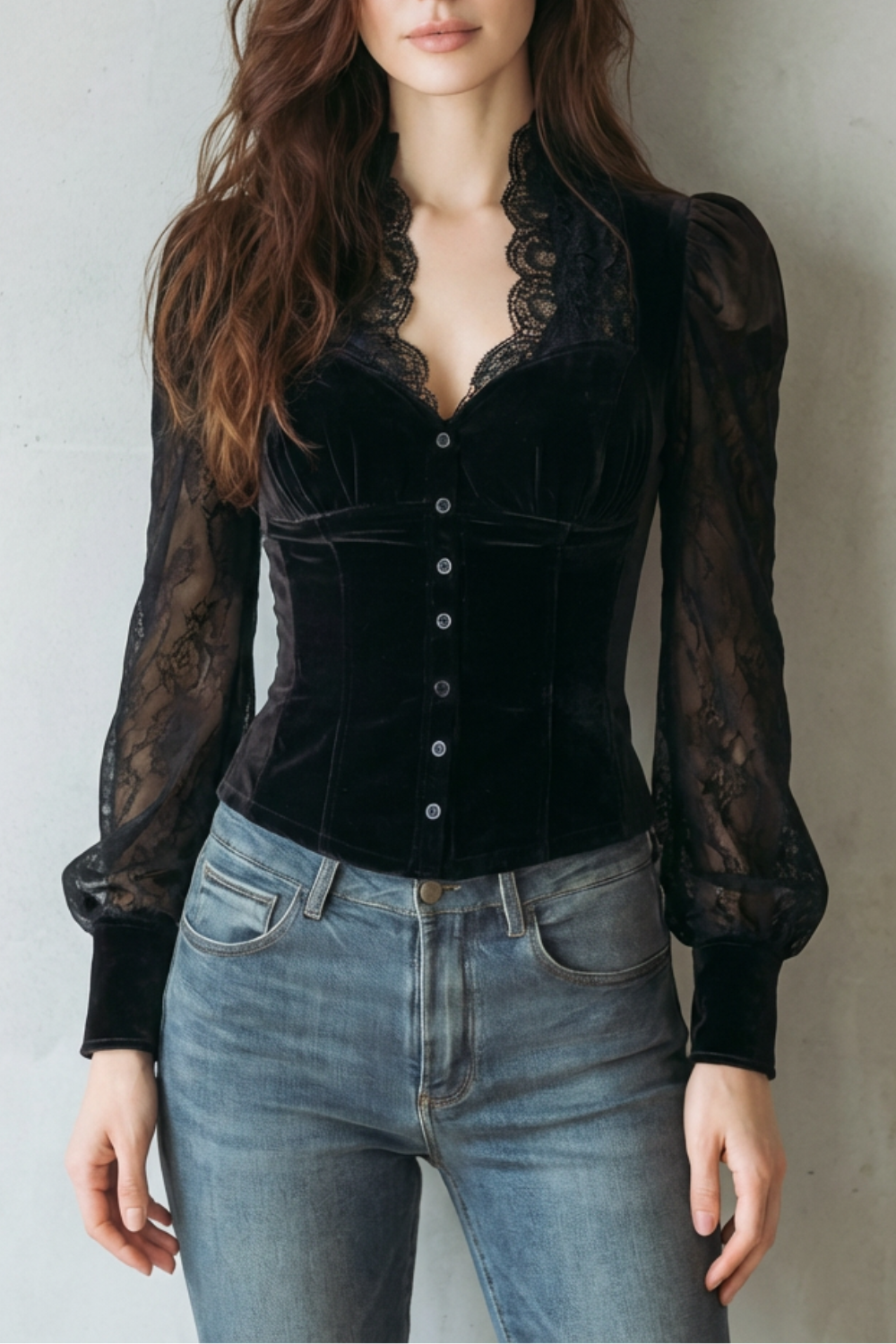 Women's Black Velvet Fitted Blouse – Scalloped Neck Sheer Sleeve Button Front Blouse