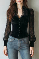 Kacob | Women's Black Velvet Fitted Blouse – Scalloped Neck Sheer Sleeve Button Front Blouse