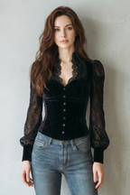 Women's Black Velvet Fitted Blouse – Scalloped Neck Sheer Sleeve Button Front Blouse