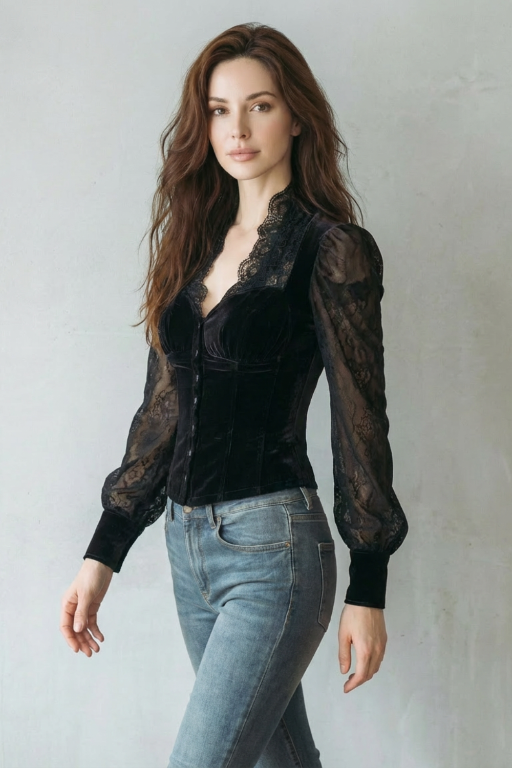 Women's Black Velvet Fitted Blouse – Scalloped Neck Sheer Sleeve Button Front Blouse