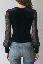 Women's Black Velvet Fitted Blouse – Scalloped Neck Sheer Sleeve Button Front Blouse