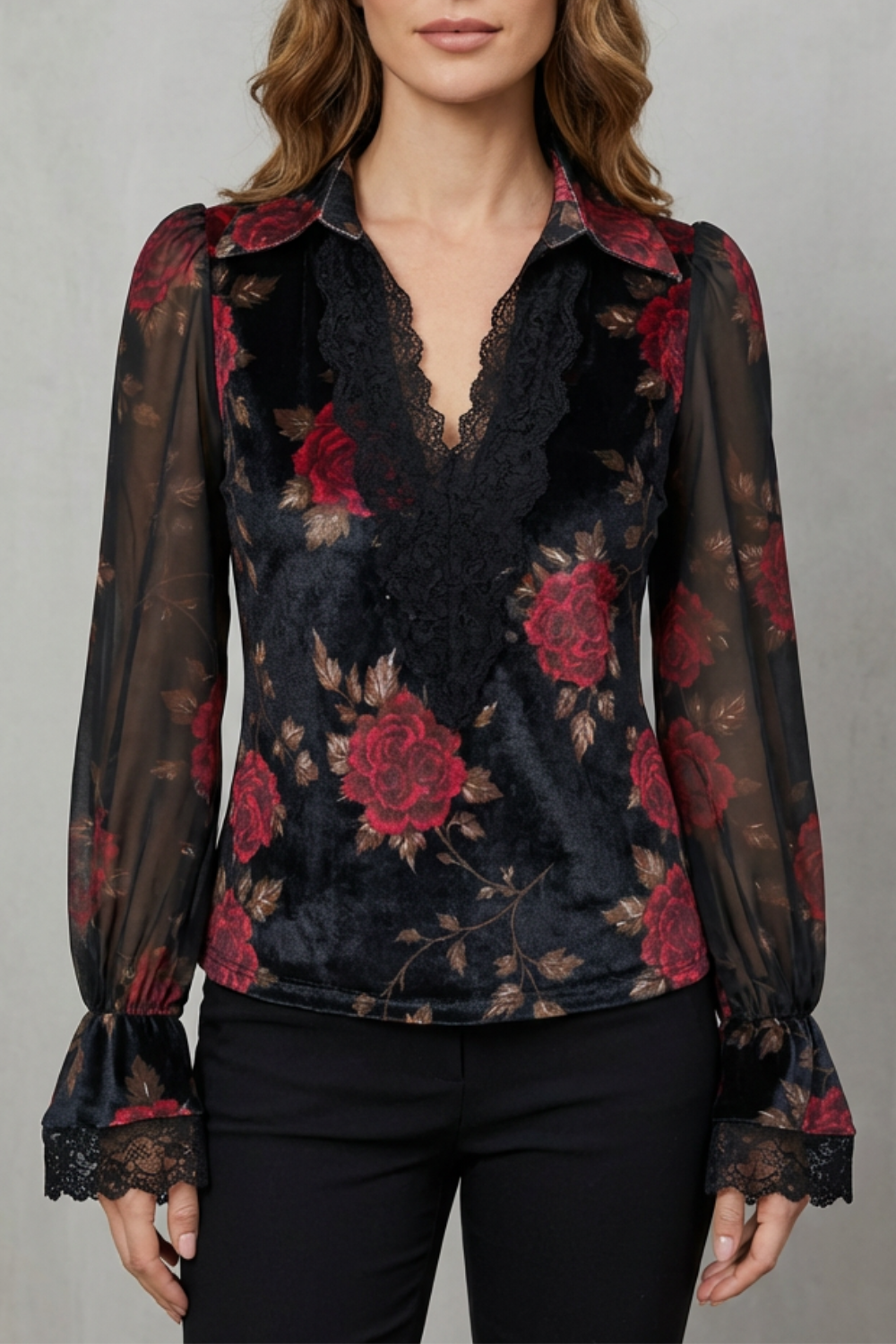Women's Black Velvet Floral Blazer – Scalloped Cuff Notched Lapel Tailored Jacket