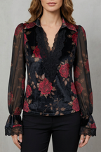 Women's Black Velvet Floral Blazer – Scalloped Cuff Notched Lapel Tailored Jacket
