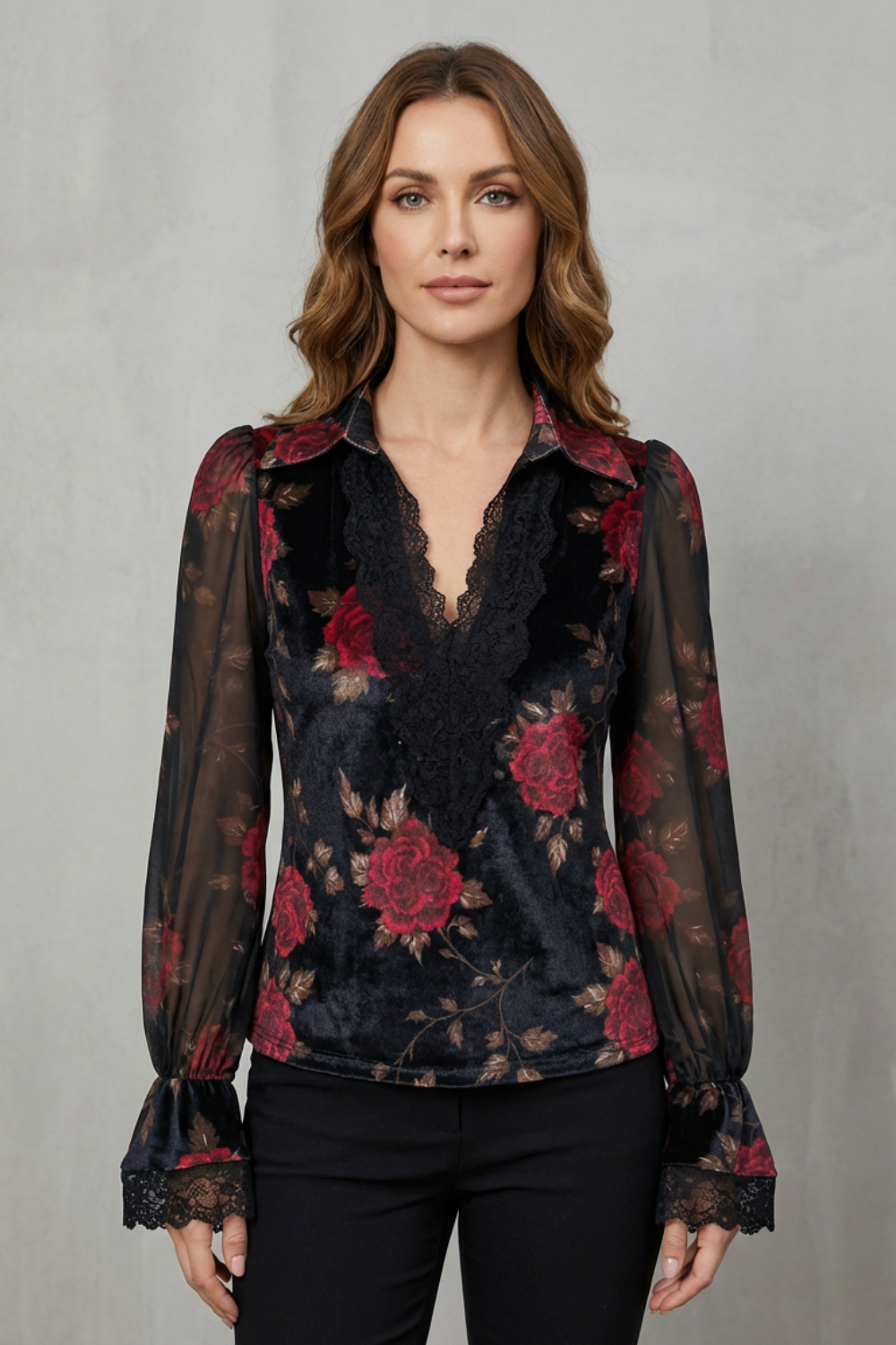 Women's Black Velvet Floral Blazer – Scalloped Cuff Notched Lapel Tailored Jacket