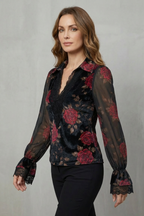 Women's Black Velvet Floral Blazer – Scalloped Cuff Notched Lapel Tailored Jacket