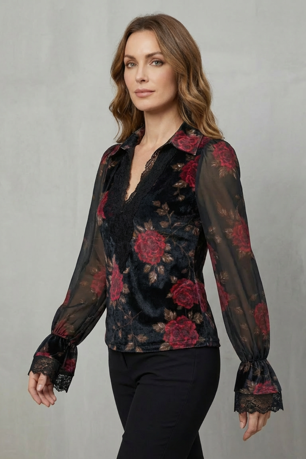 Women's Black Velvet Floral Blazer – Scalloped Cuff Notched Lapel Tailored Jacket