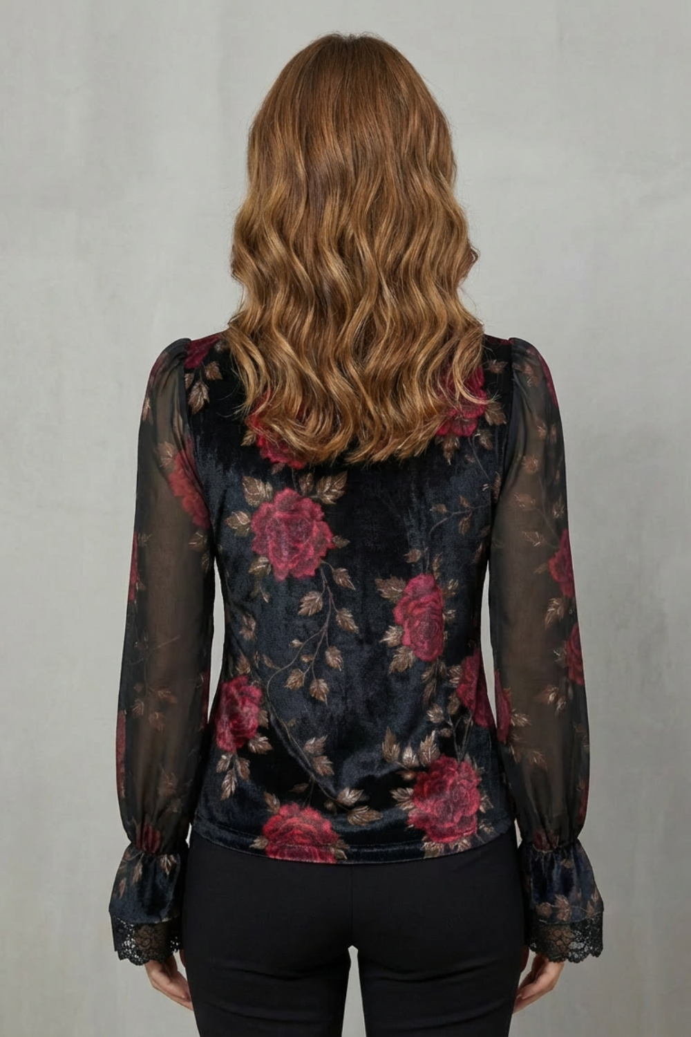 Women's Black Velvet Floral Blazer – Scalloped Cuff Notched Lapel Tailored Jacket