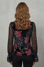 Women's Black Velvet Floral Blazer – Scalloped Cuff Notched Lapel Tailored Jacket