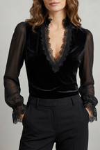 Women's Black Velvet Sheer Sleeve Blouse – Trimmed V Neck Keyhole Back Blouse