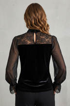 Women's Black Velvet Sheer Sleeve Blouse – Trimmed V Neck Keyhole Back Blouse