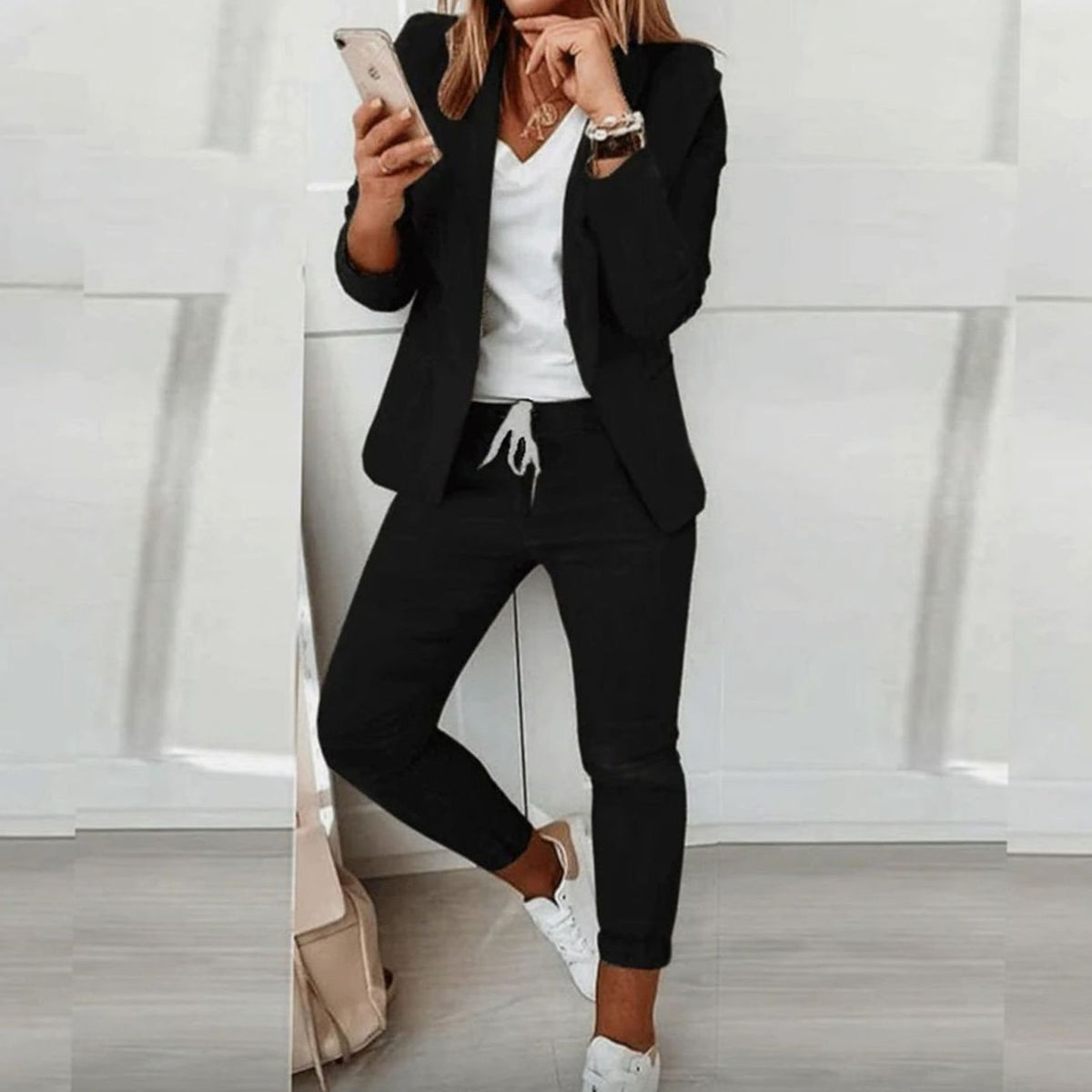 Kacob | Women's Blazer and Jogger Set – Drawstring Trousers Two-Piece Suit