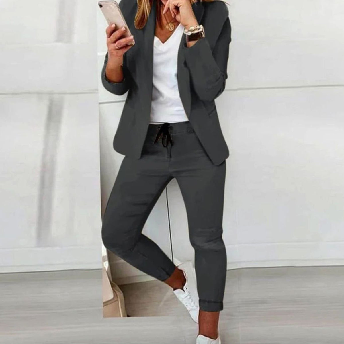 Kacob | Women's Blazer and Jogger Set – Drawstring Trousers Two-Piece Suit