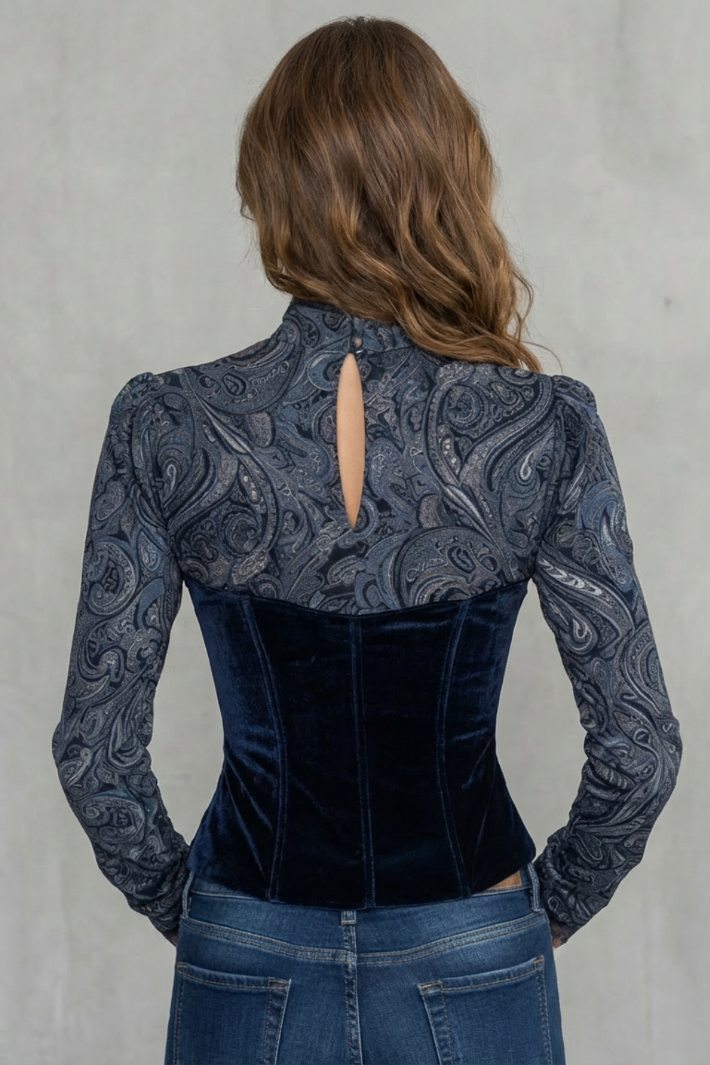 Women's Blue Velvet Paisley Top – Deep V Neck Scalloped Trim Baroque Blouse