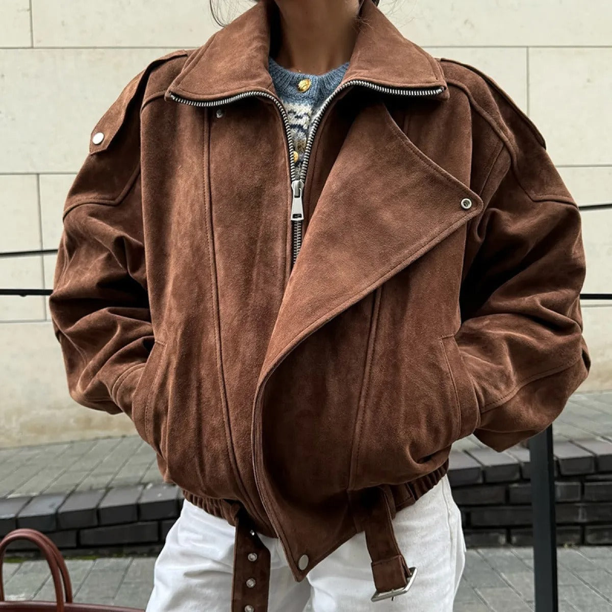 Kacob | Women's Brown Faux Suede Oversized Bomber Jacket – Asymmetric Zip Belted Biker Jacket