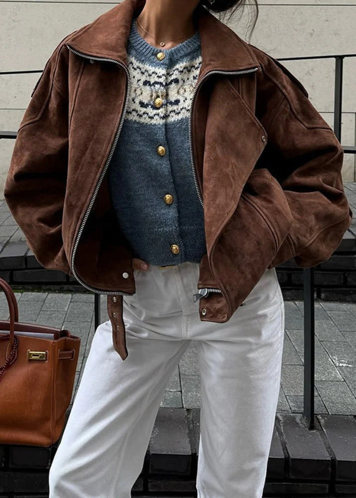 Kacob | Women's Brown Faux Suede Oversized Bomber Jacket – Asymmetric Zip Belted Biker Jacket