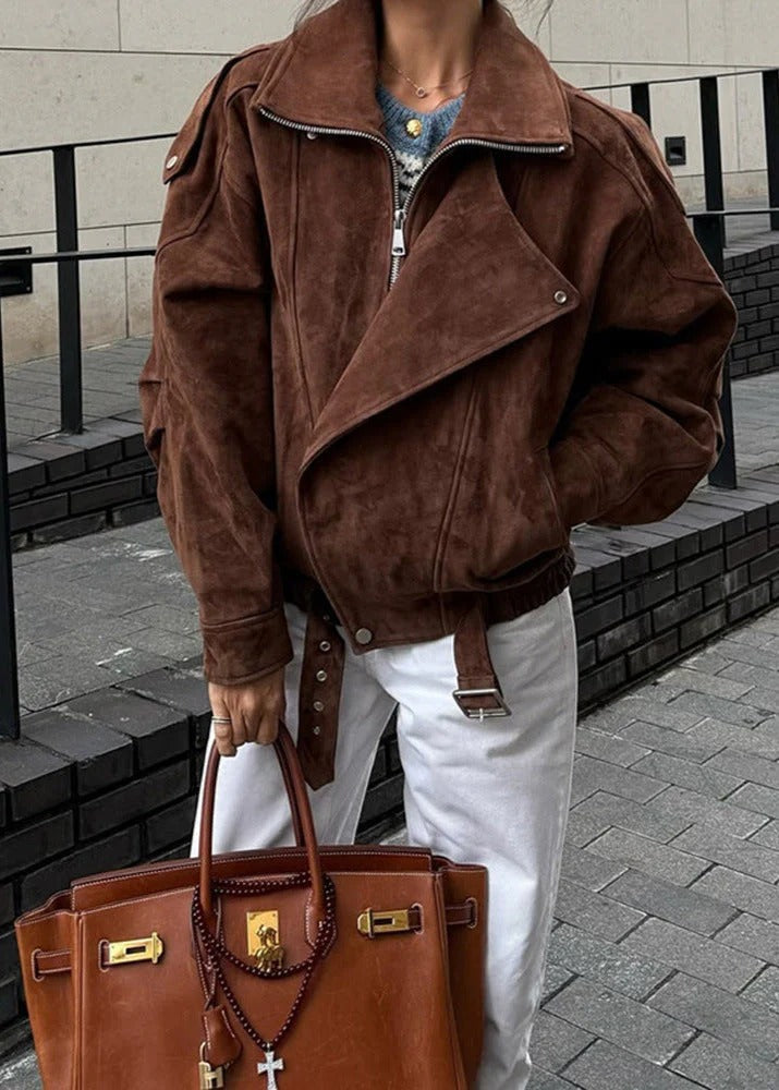 Kacob | Women's Brown Faux Suede Oversized Bomber Jacket – Asymmetric Zip Belted Biker Jacket