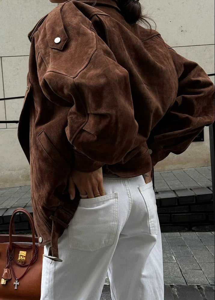 Kacob | Women's Brown Faux Suede Oversized Bomber Jacket – Asymmetric Zip Belted Biker Jacket