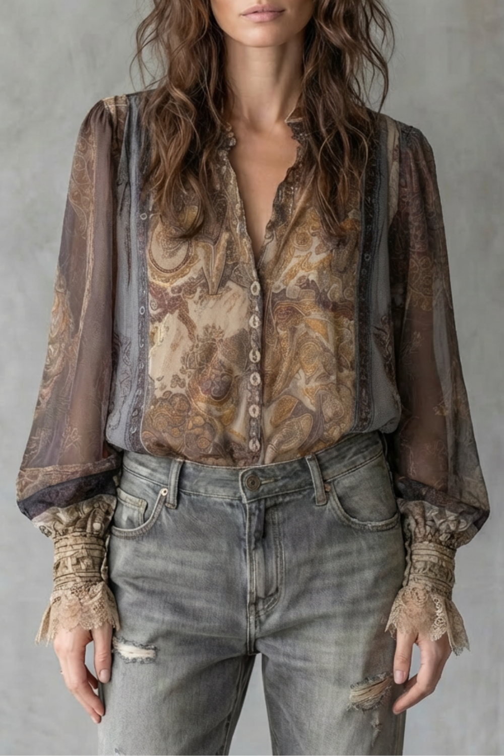 Women's Brown Sheer Paisley Boho Blouse – Voluminous Sleeve V Neck Blouse
