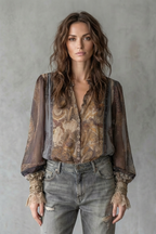 Women's Brown Sheer Paisley Boho Blouse – Voluminous Sleeve V Neck Blouse