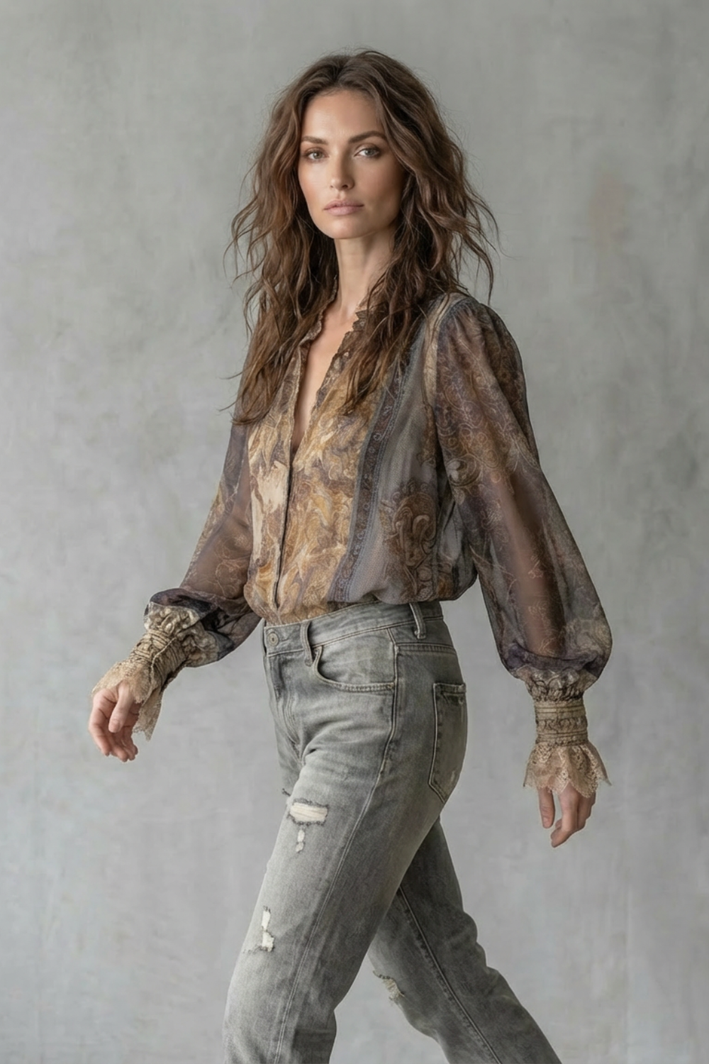 Women's Brown Sheer Paisley Boho Blouse – Voluminous Sleeve V Neck Blouse