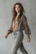 Women's Brown Sheer Paisley Boho Blouse – Voluminous Sleeve V Neck Blouse