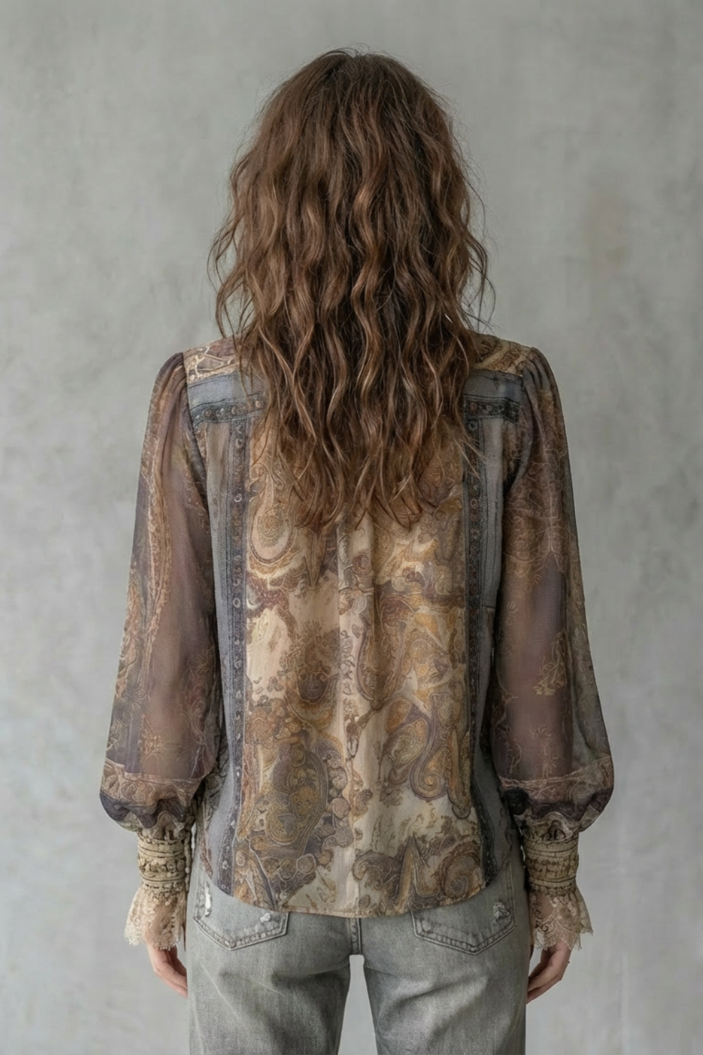 Women's Brown Sheer Paisley Boho Blouse – Voluminous Sleeve V Neck Blouse