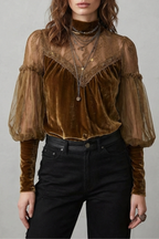 Women's Brown Velvet Turtleneck Blouse – Sheer Balloon Sleeve Vintage Blouse