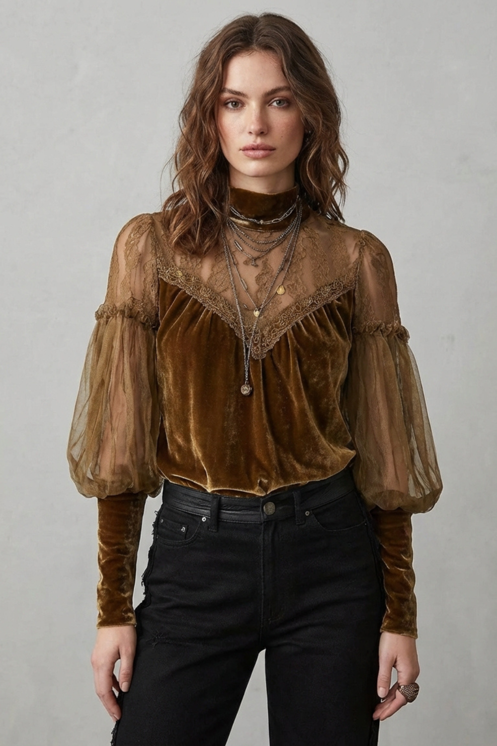 Women's Brown Velvet Turtleneck Blouse – Sheer Balloon Sleeve Vintage Blouse