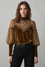 Women's Brown Velvet Turtleneck Blouse – Sheer Balloon Sleeve Vintage Blouse