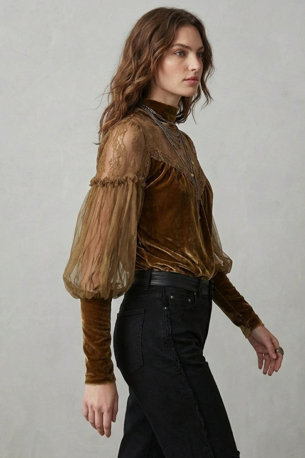 Women's Brown Velvet Turtleneck Blouse – Sheer Balloon Sleeve Vintage Blouse