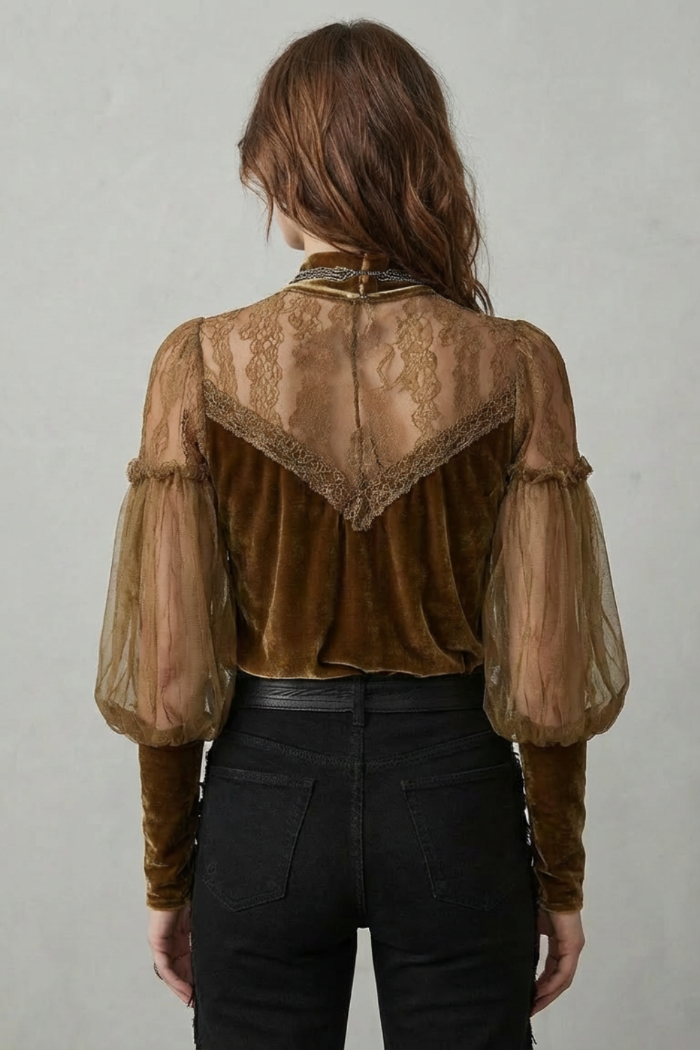 Women's Brown Velvet Turtleneck Blouse – Sheer Balloon Sleeve Vintage Blouse