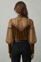 Women's Brown Velvet Turtleneck Blouse – Sheer Balloon Sleeve Vintage Blouse
