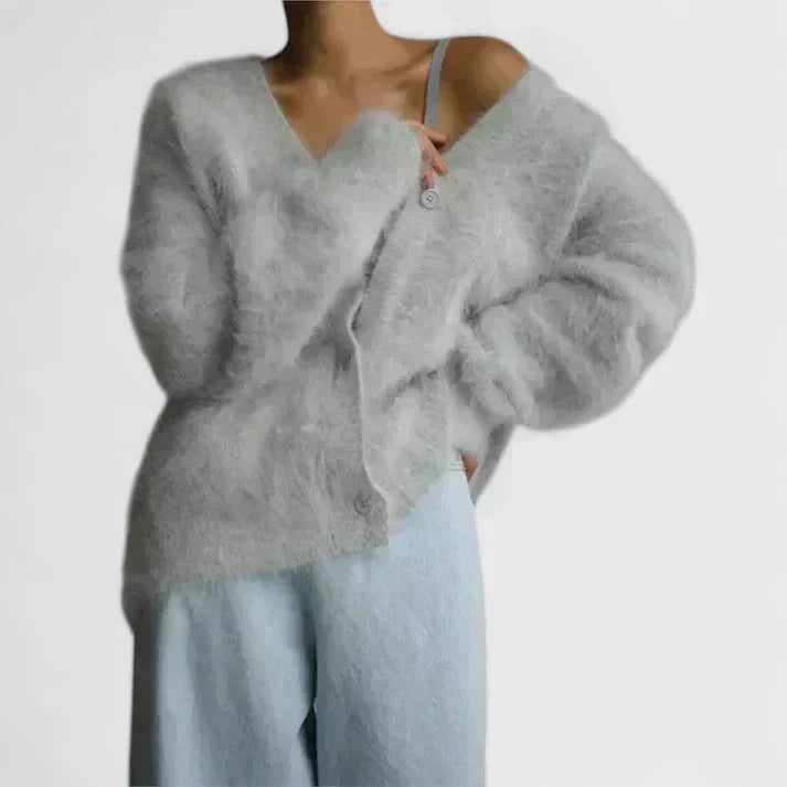 Women's Brushed Knit V Neck Cardigan – Oversized Fluffy Slouchy Button Front Knit