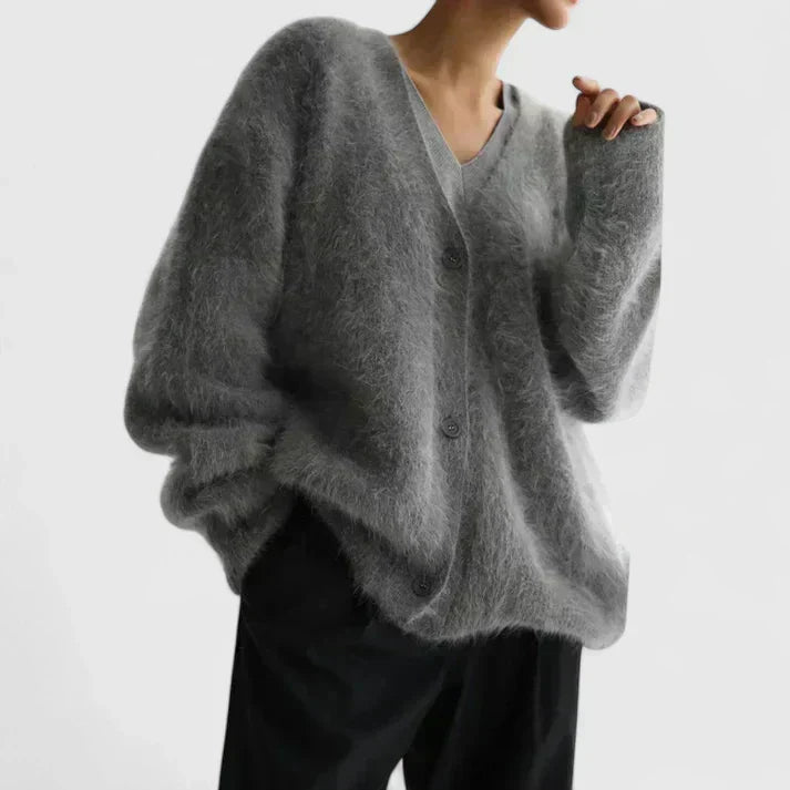 Women's Brushed Knit V Neck Cardigan – Oversized Fluffy Slouchy Button Front Knit