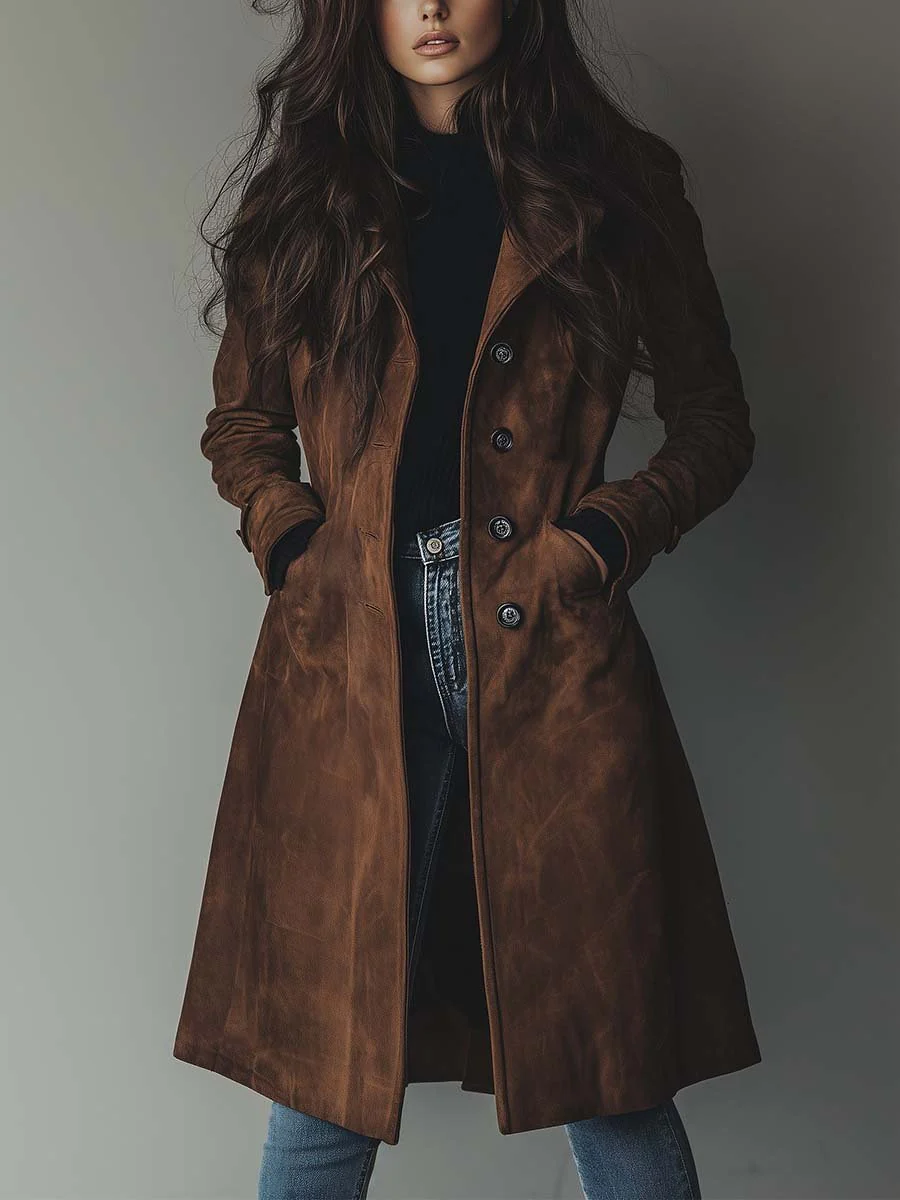 Kacob | Women's Brushed Long Trench Coat – Double Breasted Belted Coat
