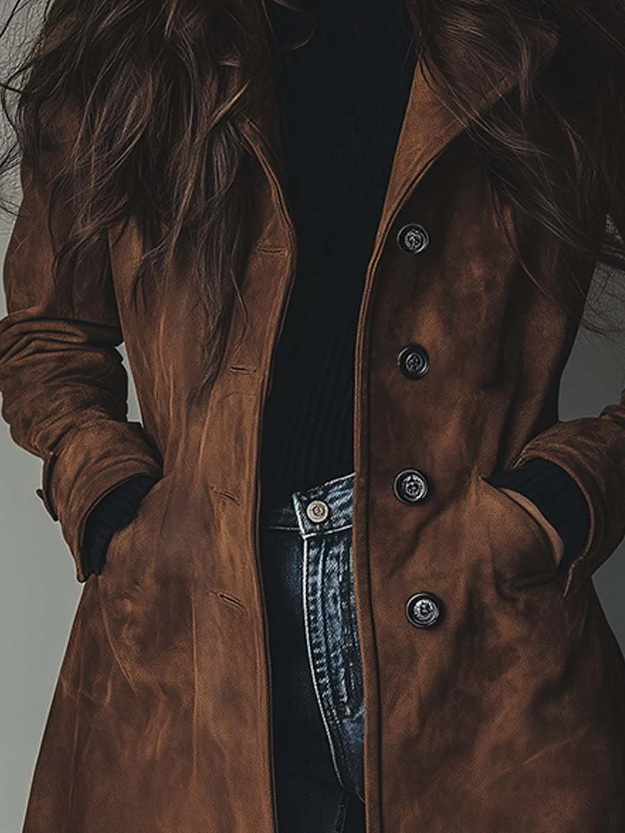 Kacob | Women's Brushed Long Trench Coat – Double Breasted Belted Coat