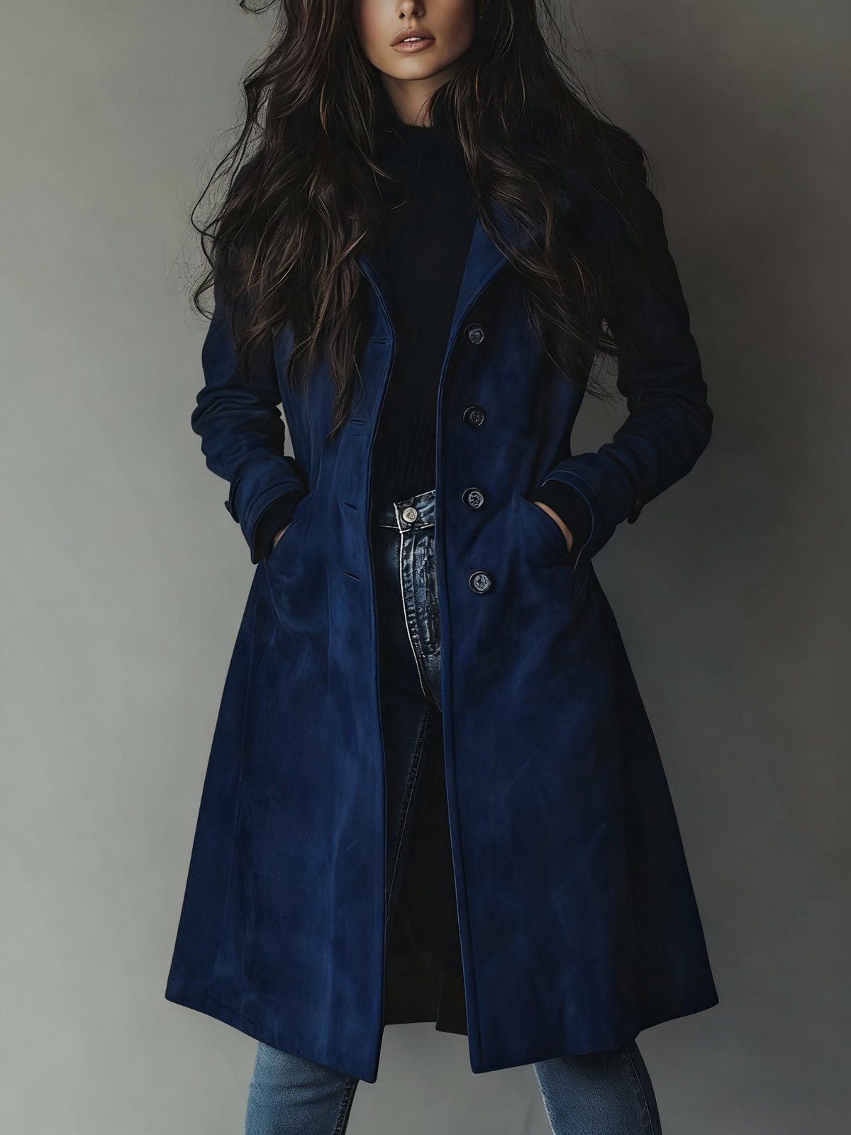 Kacob | Women's Brushed Long Trench Coat – Double Breasted Belted Coat