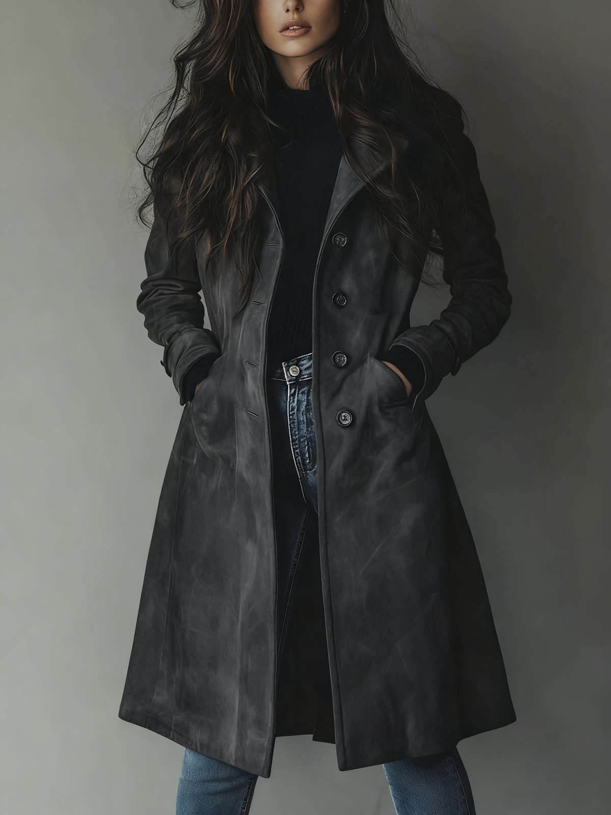 Kacob | Women's Brushed Long Trench Coat – Double Breasted Belted Coat