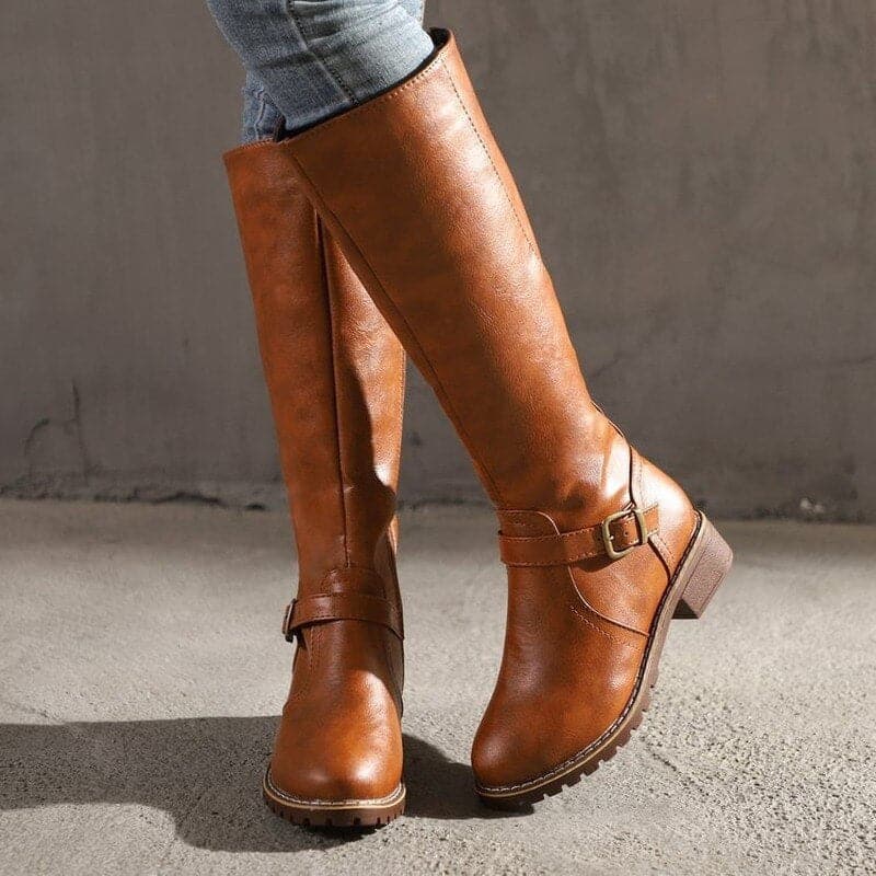 Kacob | Women's Buckle Knee High Boots – Low Heel Side Zip Boots