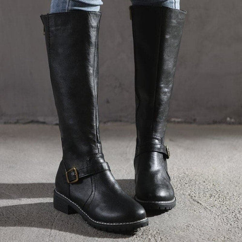 Kacob | Women's Buckle Knee High Boots – Low Heel Side Zip Boots