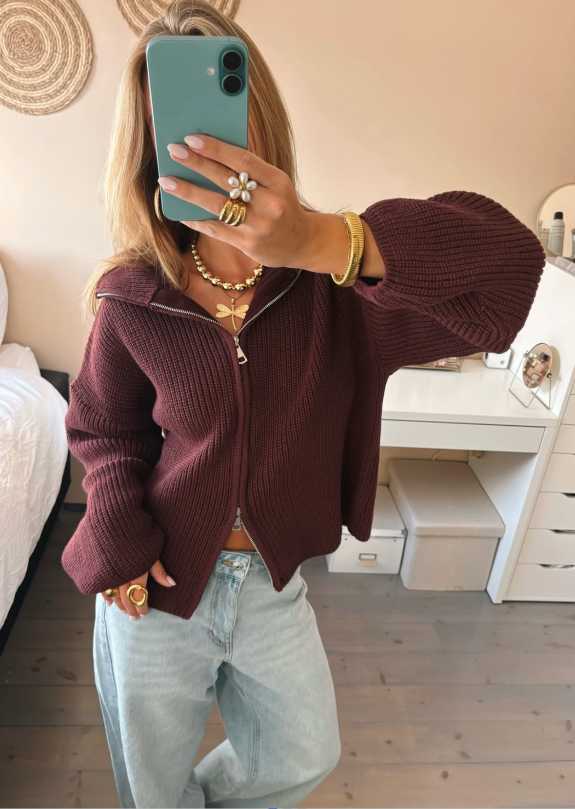 Women's Burgundy Chunky Zip Up Cardigan – Wide Collar Ribbed Knit with Two-Way Zip