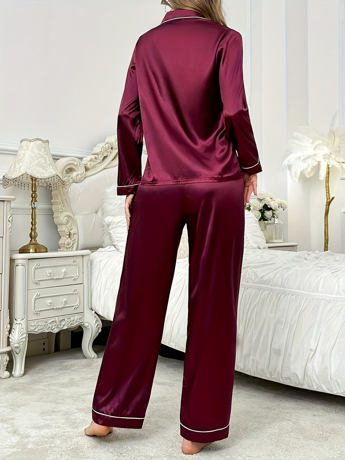 Kacob | Women's Burgundy Satin Pyjama Set – Long Sleeve Button Front Shirt & Trousers with Piping