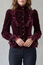 Women's Burgundy Velvet Victorian Blouse – Ruffled High Neck Bow Tie Blouse