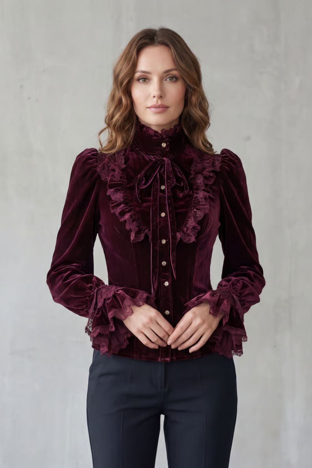 Women's Burgundy Velvet Victorian Blouse – Ruffled High Neck Bow Tie Blouse