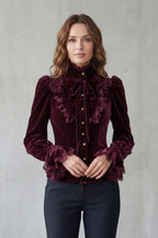 Women's Burgundy Velvet Victorian Blouse – Ruffled High Neck Bow Tie Blouse