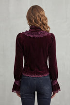 Women's Burgundy Velvet Victorian Blouse – Ruffled High Neck Bow Tie Blouse