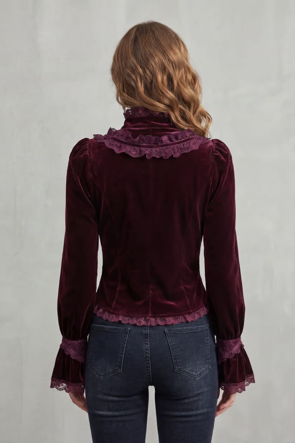 Women's Burgundy Velvet Victorian Blouse – Ruffled High Neck Bow Tie Blouse